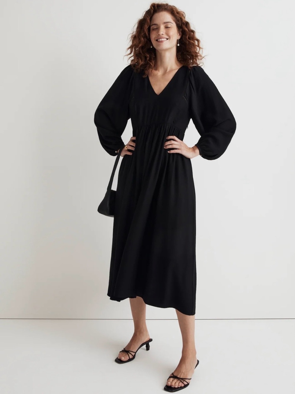 Madewell Black V-Neck Empire Midi Dress in Black, Size Small